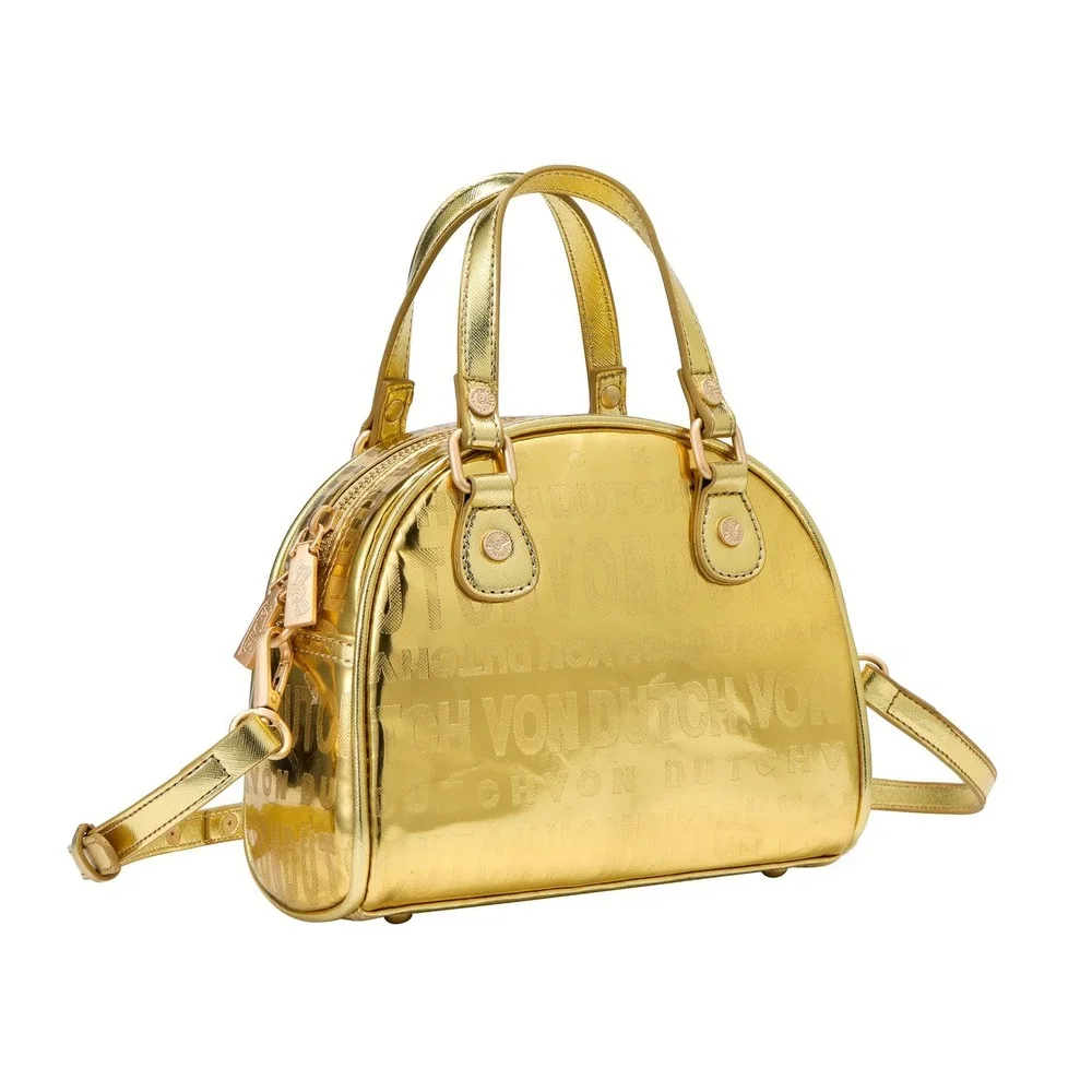 Von Dutch Metallic Gold Mini Bowler Bag Y2K Logo Crossbody Dome Satchel
